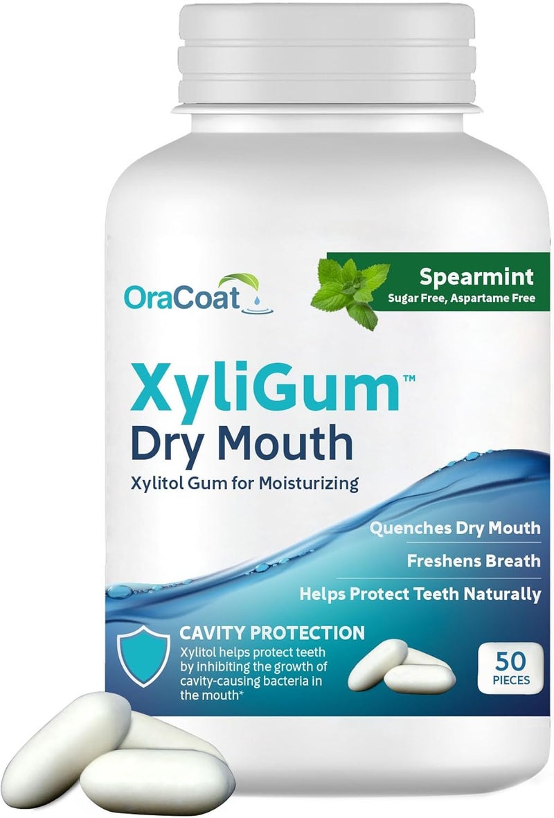 OraCoat XyliGum Dry Mouth - Sugar Free Chewing Gum with Xylitol, Spearmint Flavor, 50 Pieces - Image 1